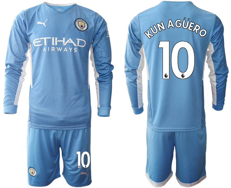 Men 2021-2022 Club Manchester city home Light blue Long Sleeve #10 Soccer Jersey